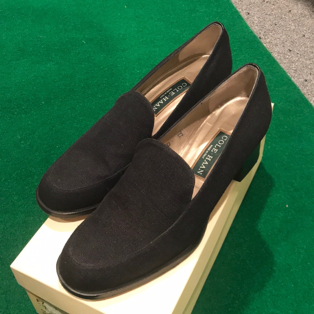 Cole Haan Black ‘linen’ wood stacked heel loafers